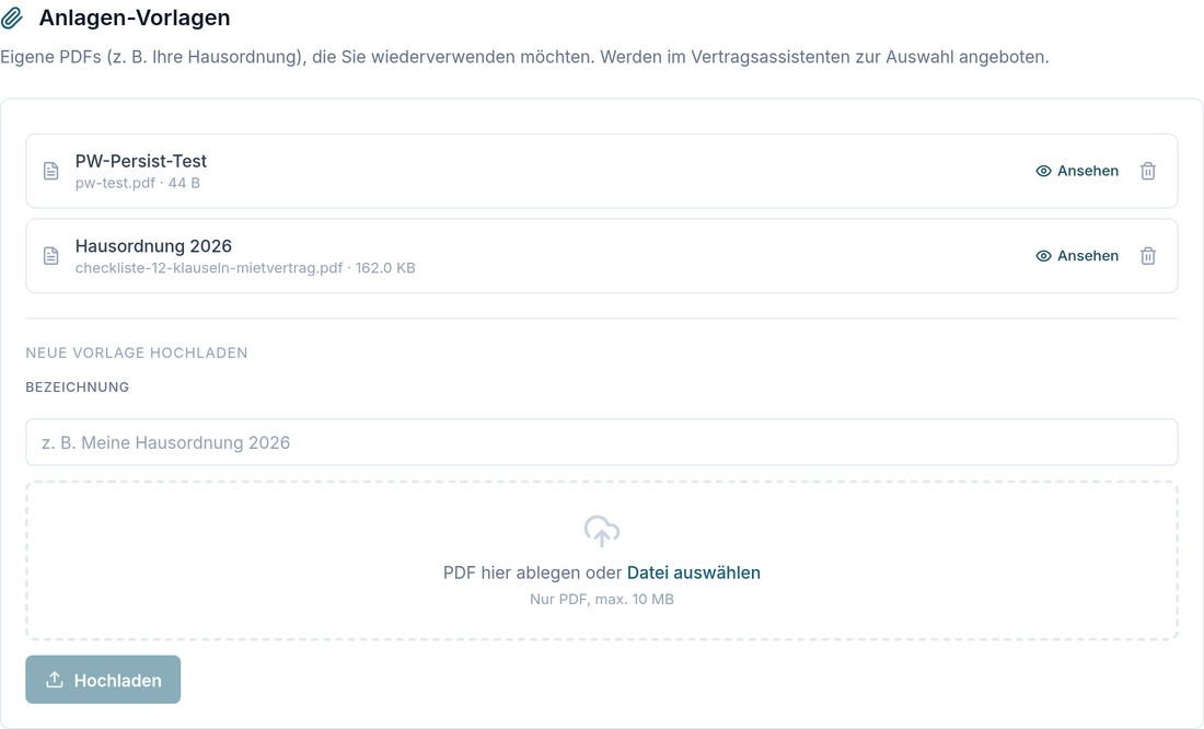 Anlagen-Vorlagen: hochgeladene Hausordnungs-PDF, im Vertragsassistenten zur Auswahl