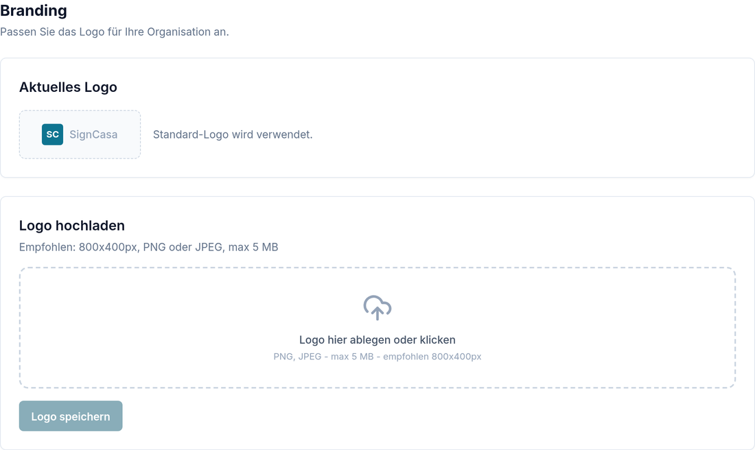 Branding-Einstellung: aktuelles Logo und Logo-Upload für eigenes PDF-Branding