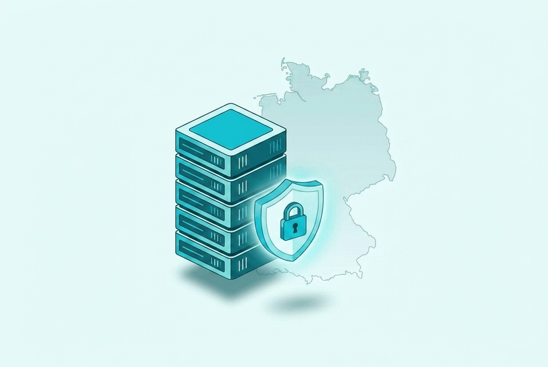 Illustration: Server-Stack mit Schloss-Schild und Deutschland-Umriss — verschlüsselte Daten auf deutschen Servern