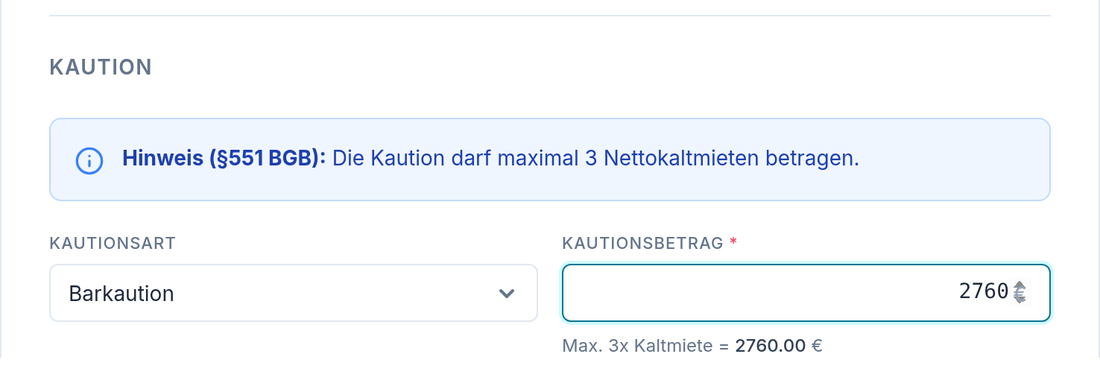 Kautions-Eingabe mit Hinweis § 551 BGB und automatischer Berechnung „Max. 3× Kaltmiete = 2.550 €“