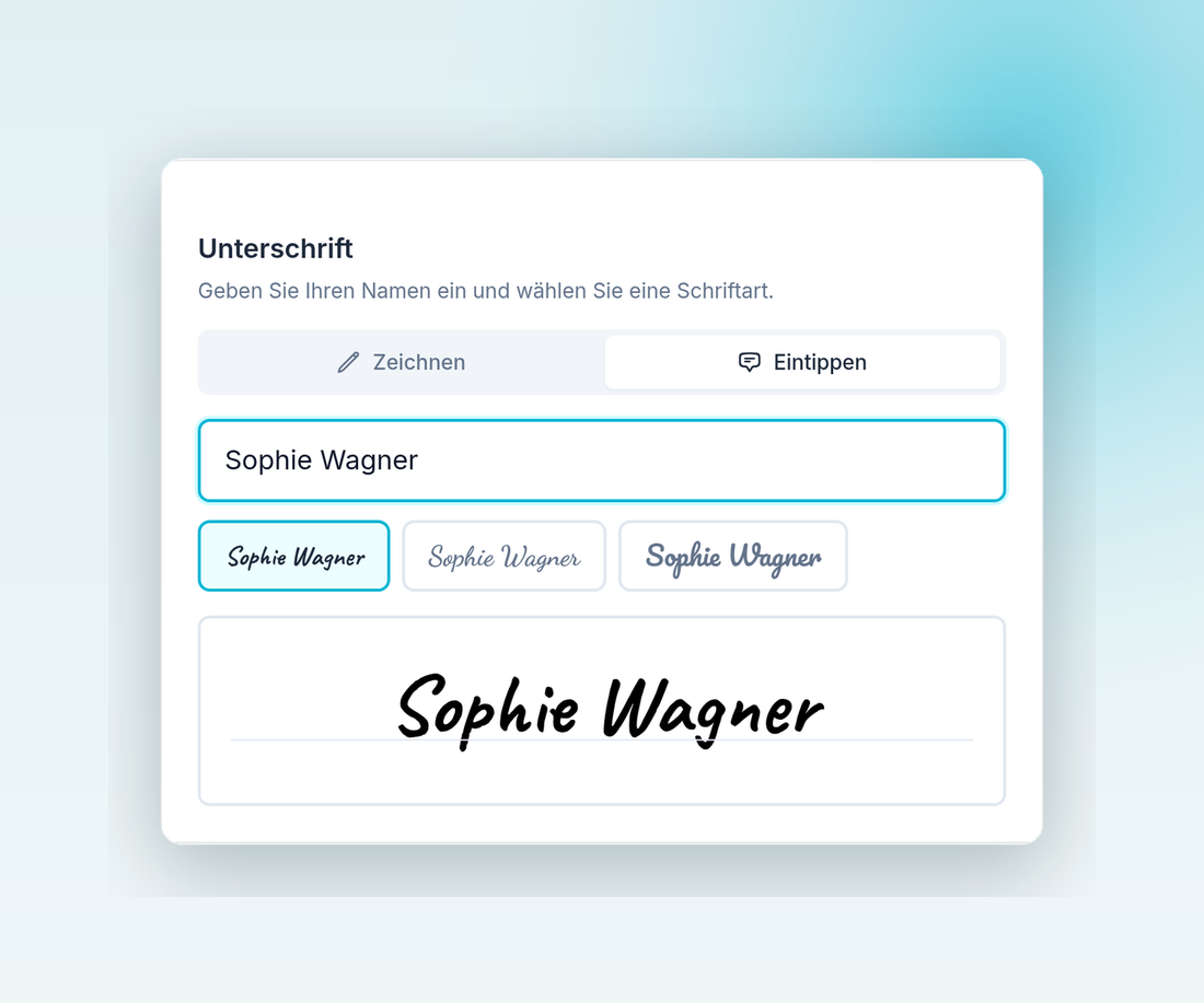 signcasa Signatur-Link: „Hallo Sophie Wagner“ — Dokument ansehen und ohne Login unterschreiben