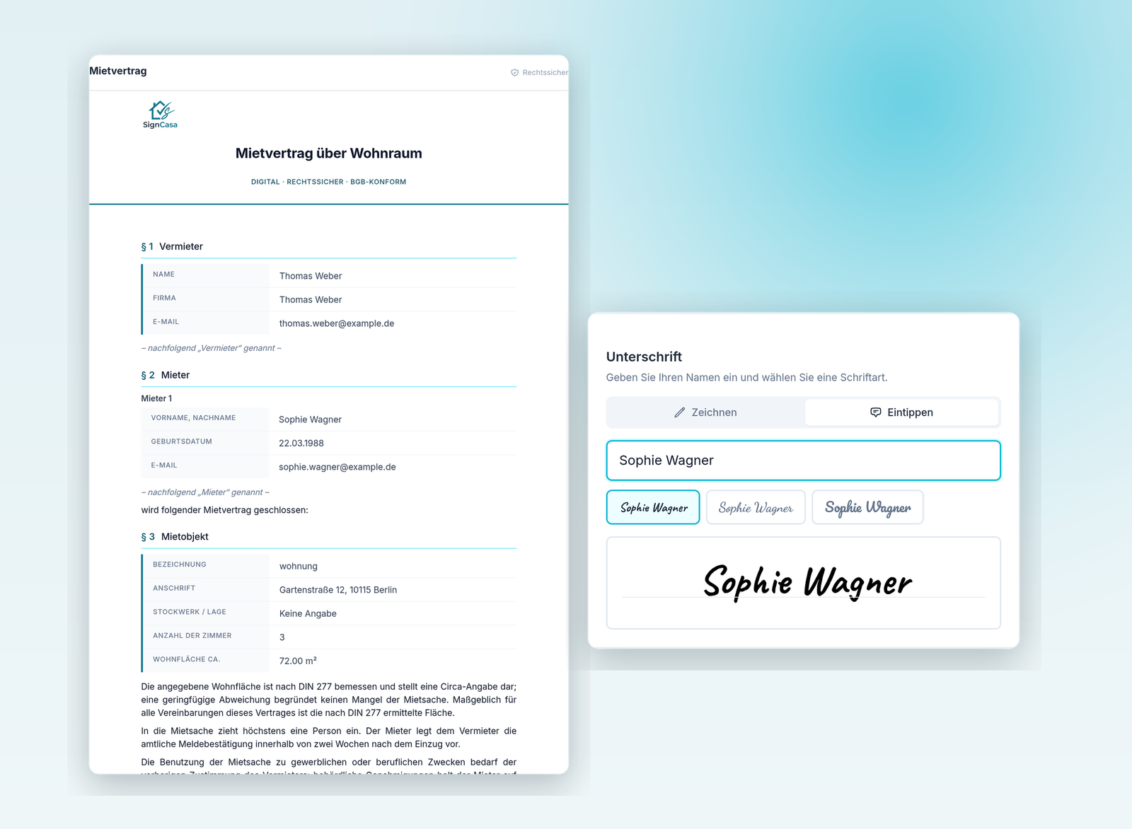 signcasa Mietvertrag über Wohnraum — rechtssicheres, BGB-konformes Vertragsdokument mit digitaler Unterschrift im Browser