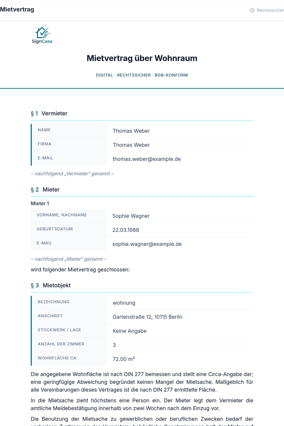Mietvertrag als PDF: vollständige BGH-konforme Klauseln, digital signiert, druckbar